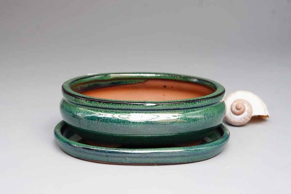 Bonsaischale Set, oval, grün, 15,5 x 12,5 x 5 cm